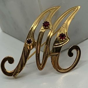 Vintage 18k Solid Gold Letter M Brooch Rubies